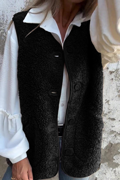 Chaleco polar sin mangas con botones y bolsillo con cuello en V en color liso 