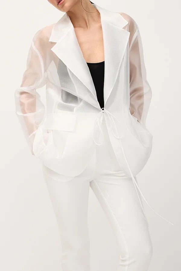 Simple and Light See-through Fabric Tie-up Long Sleeve Pocket Lapel Blazer