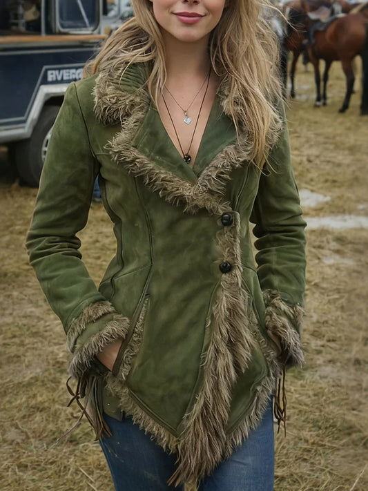 Daily Faux Fur Brown Turndown Collar Long Sleeve Asymmetric Hem Western Pocket Chamois Jacket