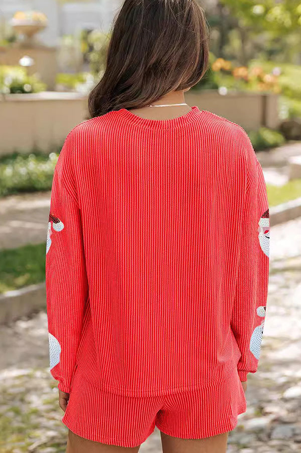 Conjunto de top holgado de manga larga con lentejuelas navideñas y pantalones cortos casuales con cintura elástica 