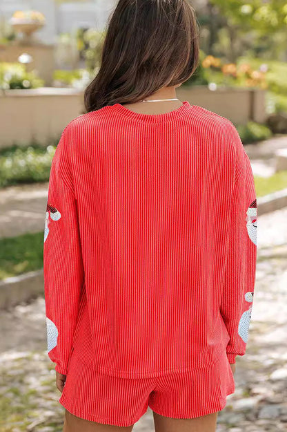 Conjunto de top holgado de manga larga con lentejuelas navideñas y pantalones cortos casuales con cintura elástica 