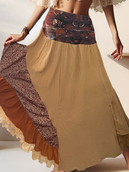 sheenchic Boho High Waist Patchwork Maxi Skirt