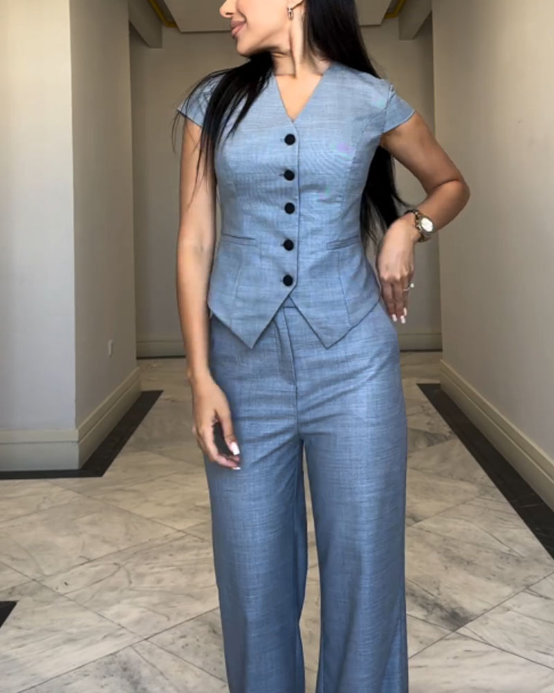 V-Neck Top & Pants Two-Piece Set