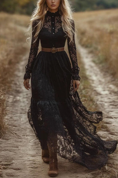 Elegante vestido maxi ajustado de fiesta con mangas largas y encaje calado 