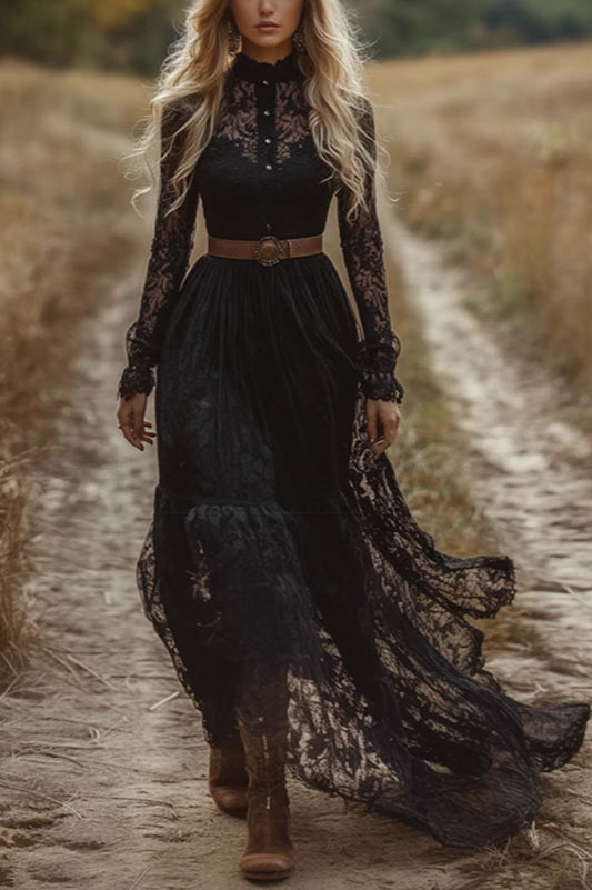 Elegante vestido maxi ajustado de fiesta con mangas largas y encaje calado 