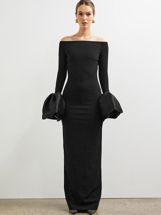 Long Sleeve Fitted Dress with Puff Sleeves and One-Shoulder Neckline