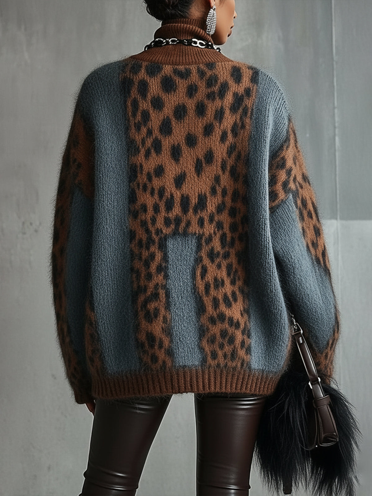 24-Hour-Shipping Leopard Print Turtleneck Sweater