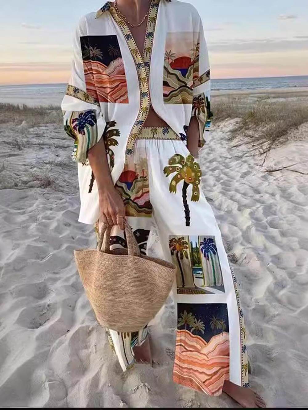 Unique slouchy trouser set with palm tree print