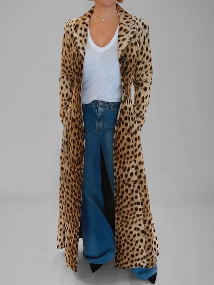 Daily Brown Leopard Turndown Collar Long Sleeve Pocket Casual Coat