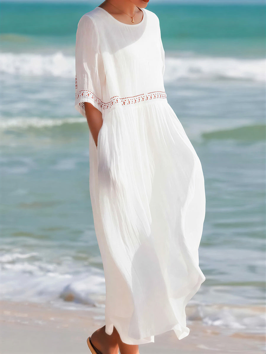 sheenchic Vacation White Round Neck Half Sleeve Pocket Casual Linen Maxi Dresses [Pre-Order]