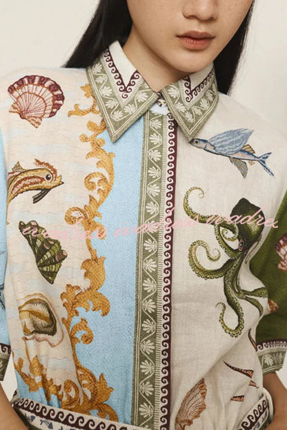 Vestido camisero corto con bolsillos y lazo, estampado único de mezcla de lino Deep Sea Dreaming 