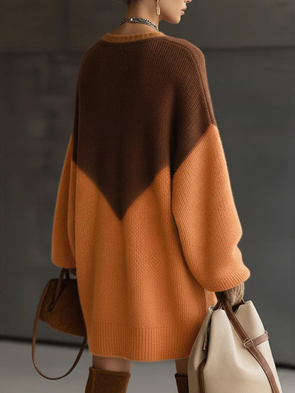 sheenchic Party Lace Brown Colorblock V Neck Lantern Sleeve Long Sleeve Contrast Boho Knitted Mini Dresses