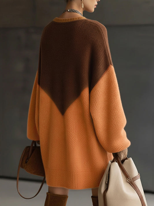 sheenchic Party Lace Brown Colorblock V Neck Lantern Sleeve Long Sleeve Contrast Boho Knitted Mini Dresses