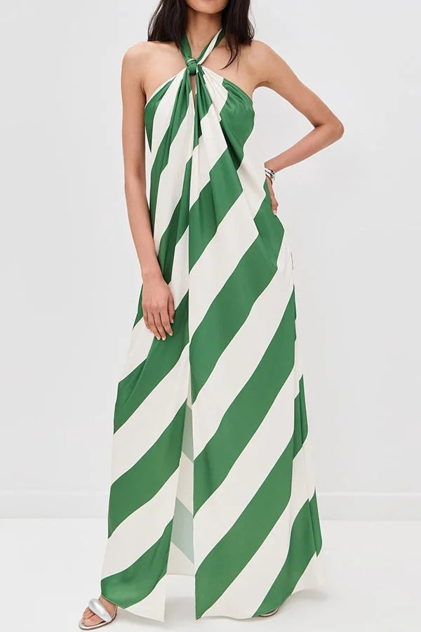 Vestido largo holgado con cuello halter, espalda descubierta, bolsillos y estampado de rayas de ensueño 