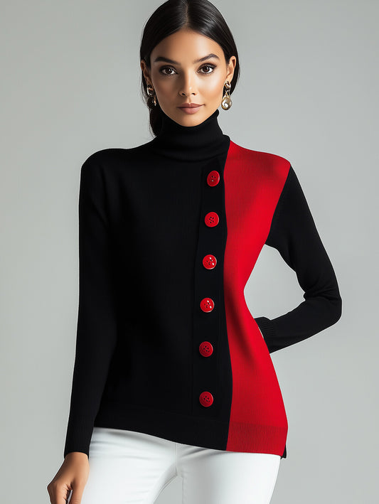 sheenchic Colorblock Button Long Sleeve Turtleneck Sweater