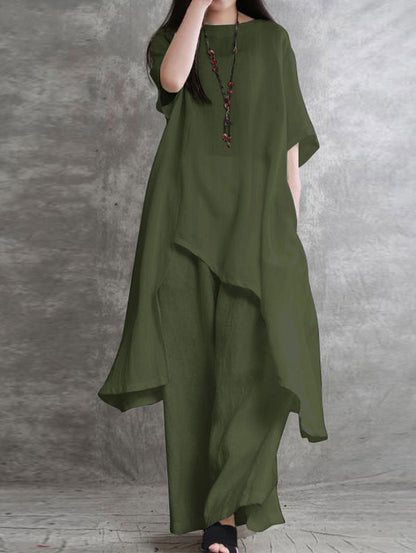 Minimalist Plain Half Sleeve Loose Asymmetrical Shirt & Pants 2Pcs Set