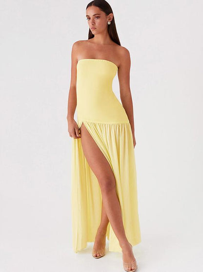Solid Color Strapless High-Waist Split Hem Panelled Dress