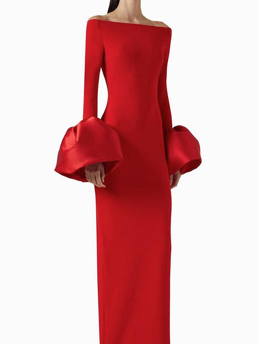 Long Sleeve Fitted Dress with Puff Sleeves and One-Shoulder Neckline