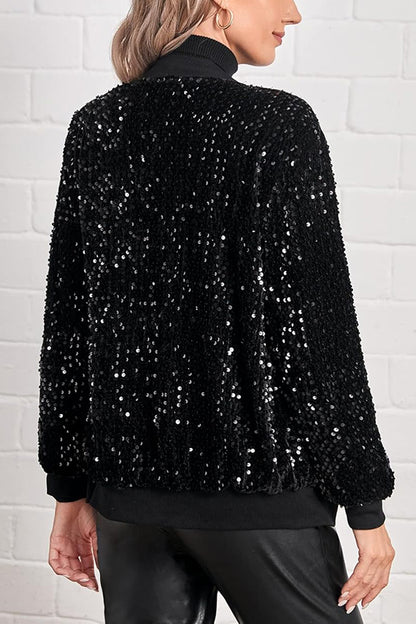 Fashionable Sequined Long-sleeved Zip-up Casual Jacket