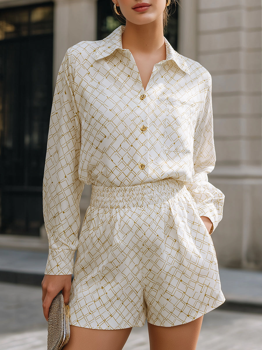 Long Sleeve Printed Shirt And Elastic Waist Shorts Set