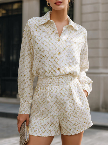 Long Sleeve Printed Shirt And Elastic Waist Shorts Set