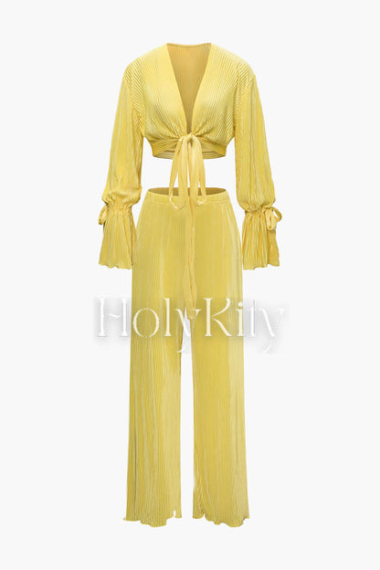 Plisse V-neck Tie Front Crop Top And Lettuce Hem Pants Set