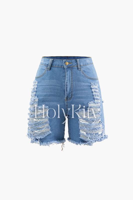 Frayed Destroyed Denim Shorts