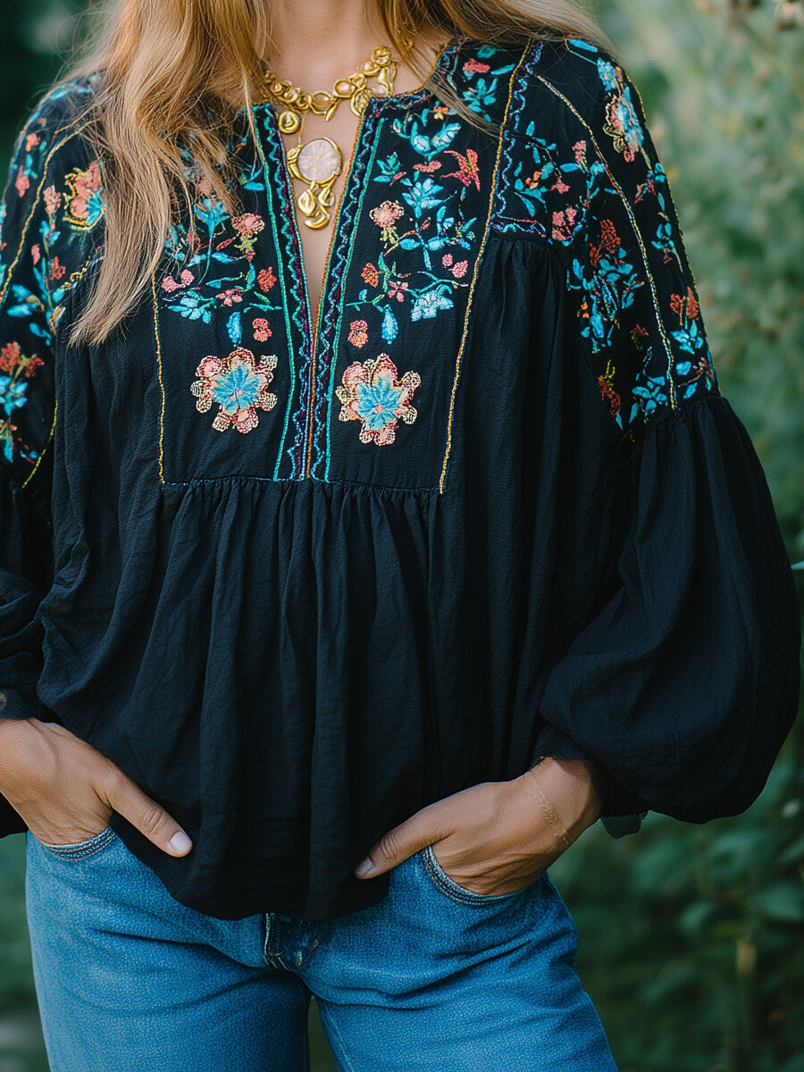 sheenchic Vacation Black V Neck Lantern Sleeve Long Sleeve Embroidery Boho Contrast Linen Blouses [Pre-Order]