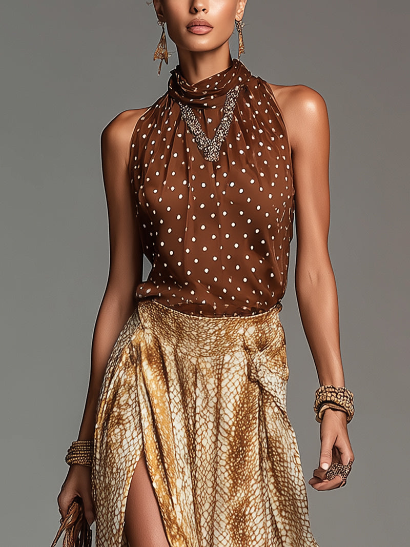 Brown Polka Dot Halter Top And Golden Sands Wrap Maxi Skirt Set