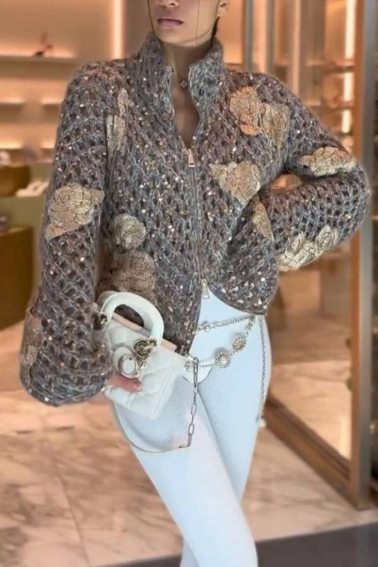 Heavyweight Sequin Jacquard Knit Zip-Up Jacket