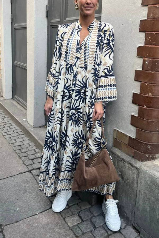 Casual Ethnic Print Trumpet Sleeve Maxi Dress