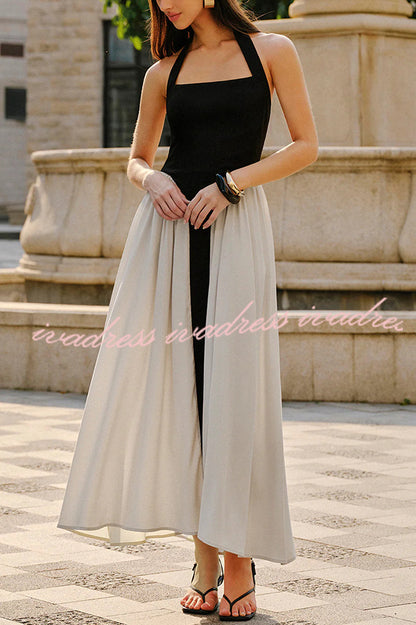 Fashion Contrast Color Stitching Sleeveless Backless Slim Maxi Dress