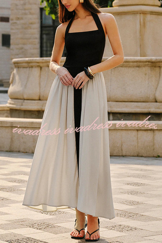 Fashion Contrast Color Stitching Sleeveless Backless Slim Maxi Dress