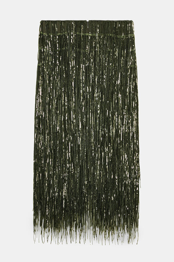 Party Crasher Layered Sequined Tassels High Rise Back Zipper Midi Skirt