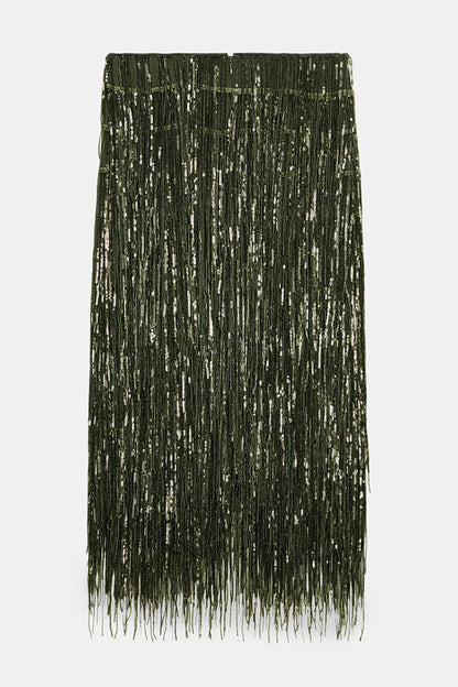 Party Crasher Layered Sequined Tassels High Rise Back Zipper Midi Skirt