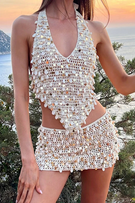 Sexy Halter Back Shell Sequined Top and Fitted Beach Mini Skirt Set