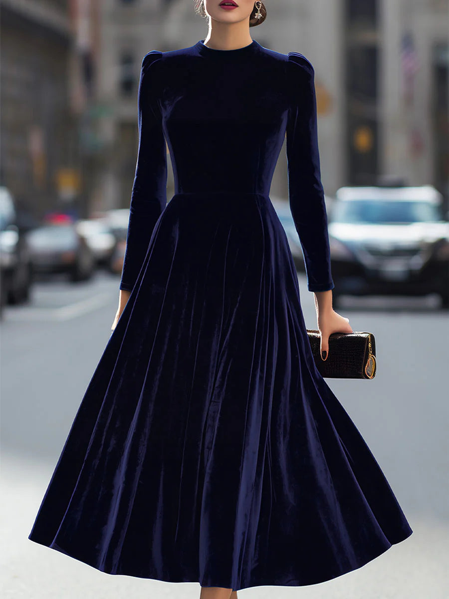 Party Navy Blue High Collar Long Sleeve Ruffled Casual Velvet Midi Dresses