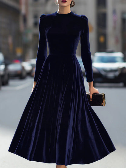 Party Navy Blue High Collar Long Sleeve Ruffled Casual Velvet Midi Dresses