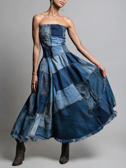 sheenchic Cocktail Party Blue Boat Neck Contrast Vintage Trimmings Denim Maxi Dresses [Pre-Order]