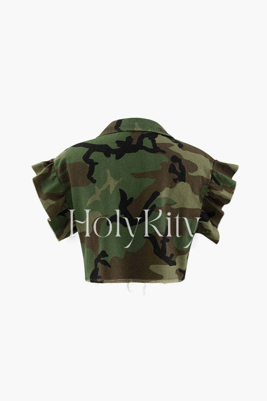 Camo Ruffle Sleeve Crop Shirt