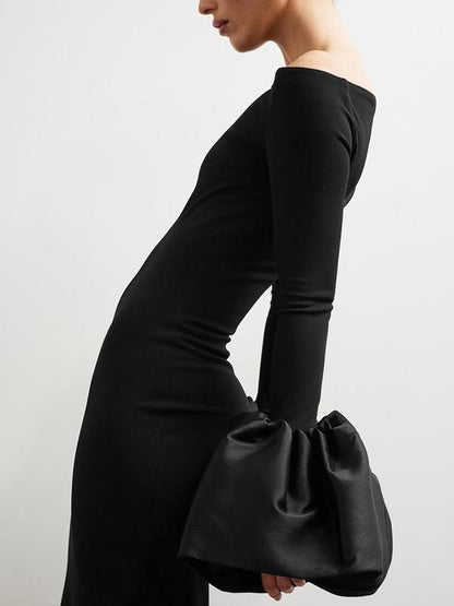 Long Sleeve Fitted Dress with Puff Sleeves and One-Shoulder Neckline