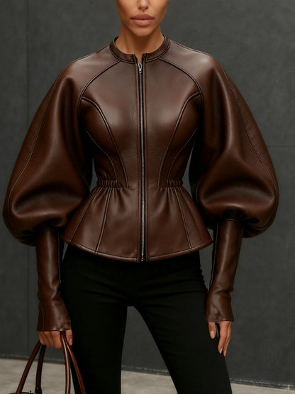 24-Hour-Shipping Brown Faux Leather Jacket With Balloon Sleeves