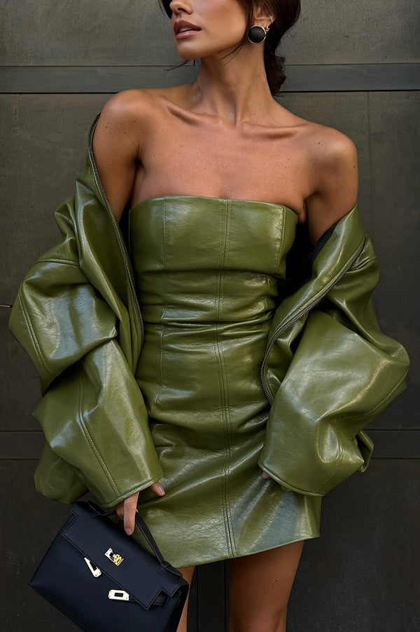 Sexy Tube Top Back Zipper Slim Leather Mini Dress