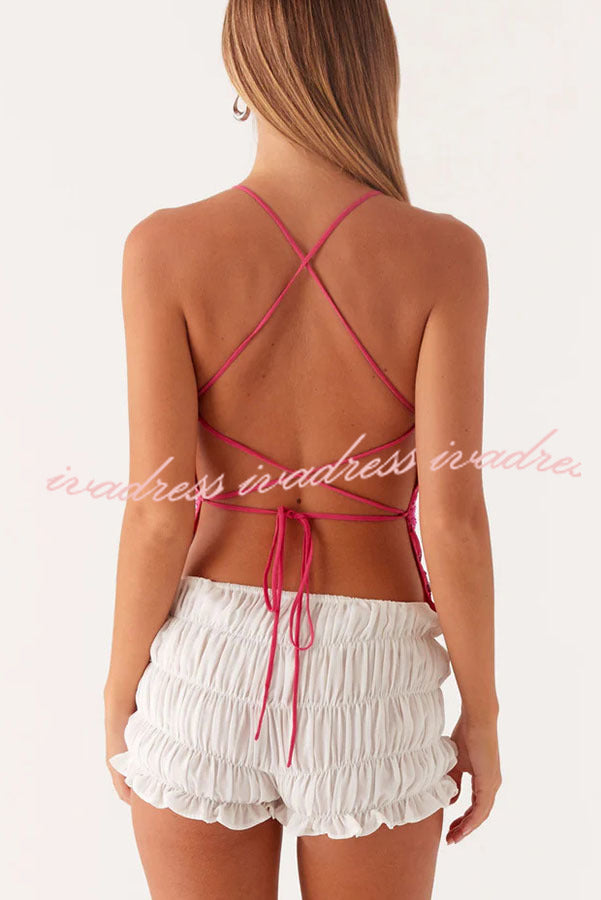 Dazzling Sequin Beaded Material Back Lace-up Loose Tank