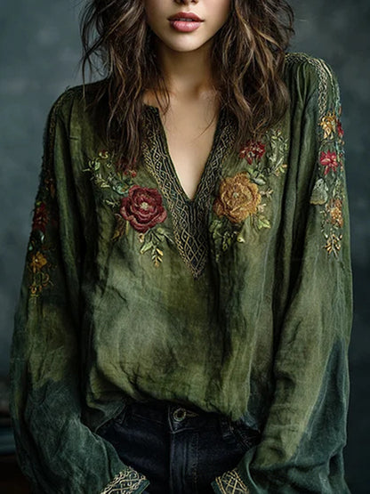 Vacation Burgundy Floral V Neck Lantern Sleeve Long Sleeve Contrast Vintage Linen Blouses