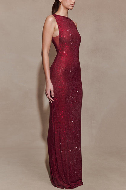 Holiday Nights Sequin Boat Neck Sleeveless Slit Maxi Dress
