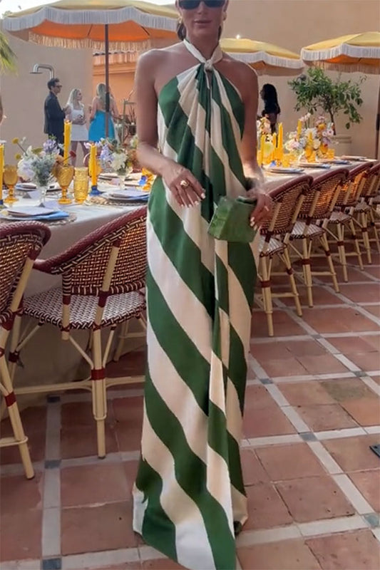 Most Dreamy Stripe Print Halter Tie-up Backless Pocket Loose Maxi Dress