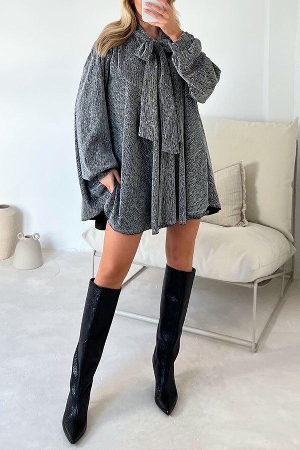 VESTIDO CAMISA CON CUELLO DE LAZO METALIZADO DEMI GOLD 