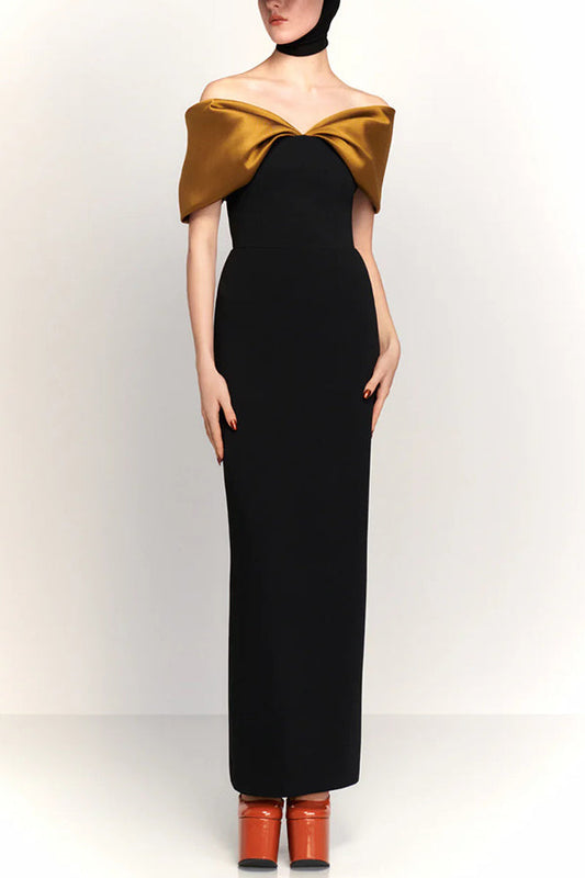 Elegante vestido largo ajustado con hombros descubiertos y espalda descubierta 