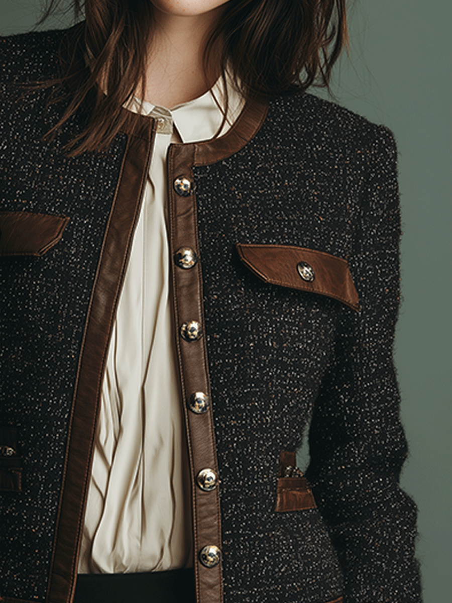 Classic Vintage Leather Trim Tweed Jacket